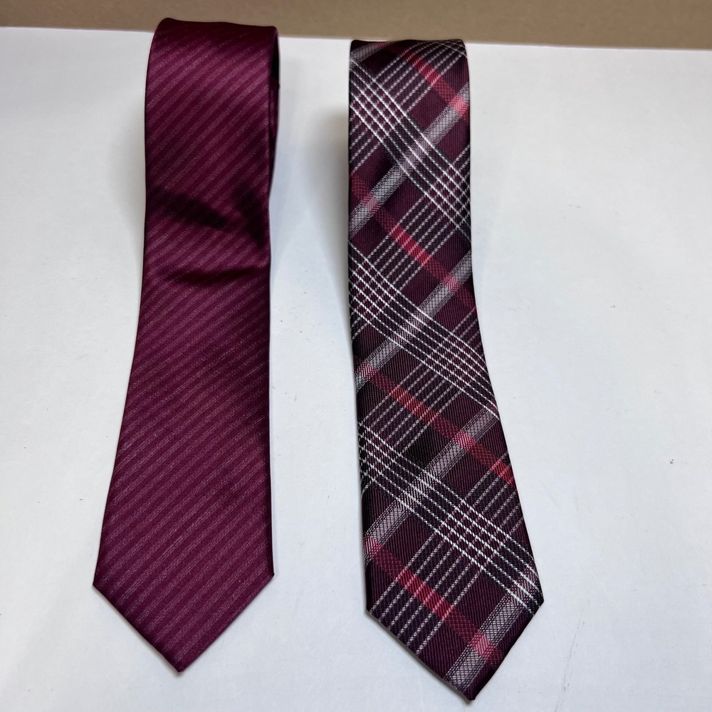 BUNDLE Kenneth Cole Reaction Mens Silk Tie‎ Burgundy Plaid Diagonal Stripe 2pc
